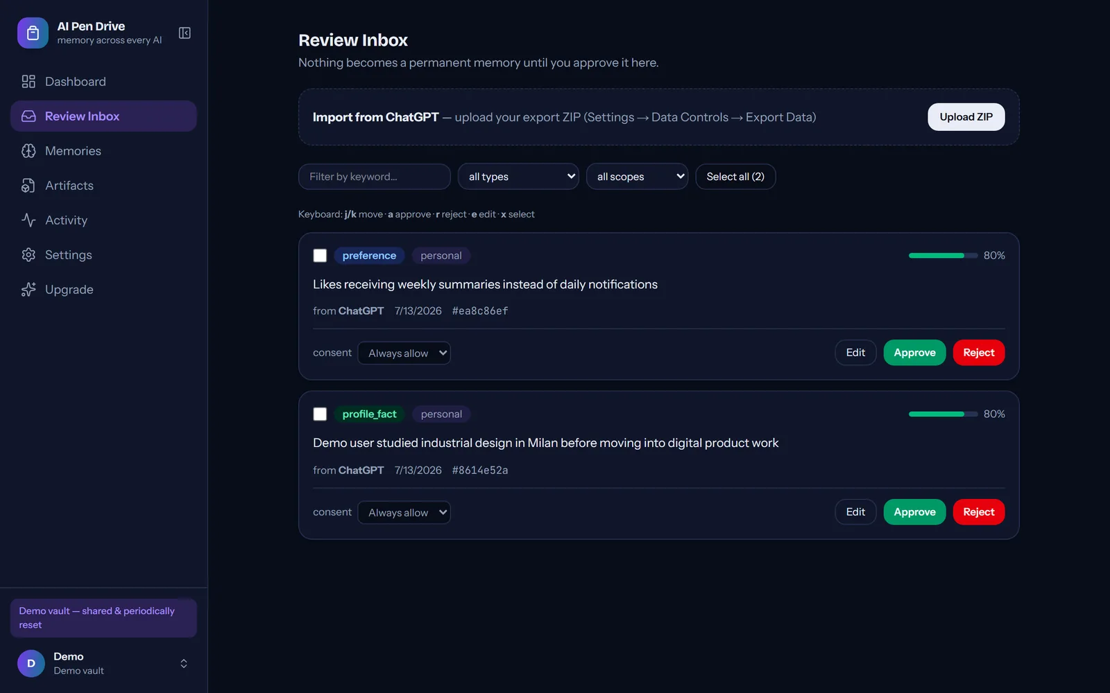 The Review Inbox with two pending memories awaiting approval, each showing its source AI and provenance hash