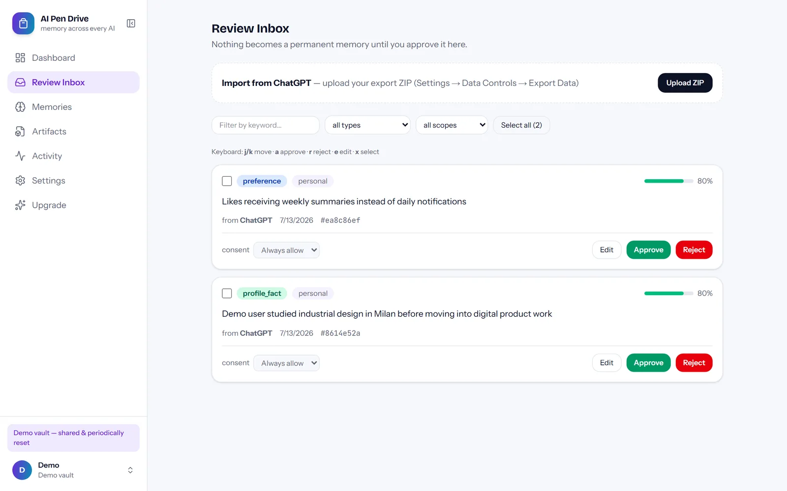 The Review Inbox with two pending memories awaiting approval, each showing its source AI and provenance hash