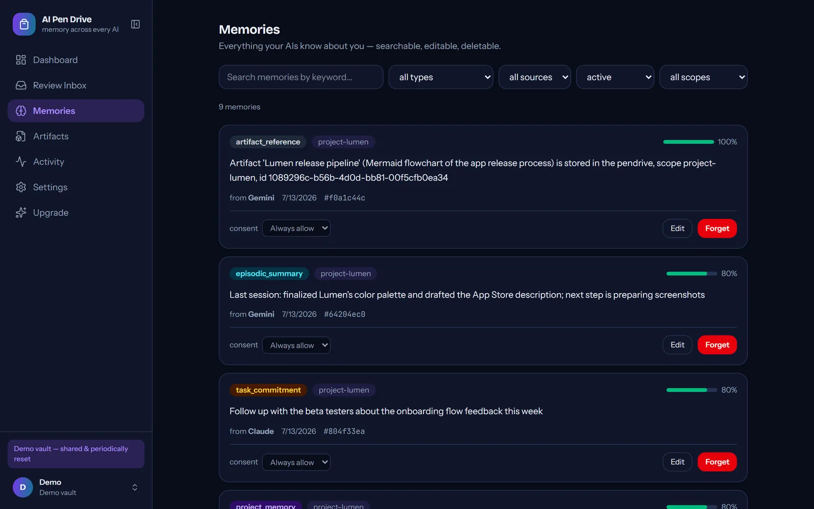 The memory browser with per-memory consent controls, source attribution, and Forget buttons